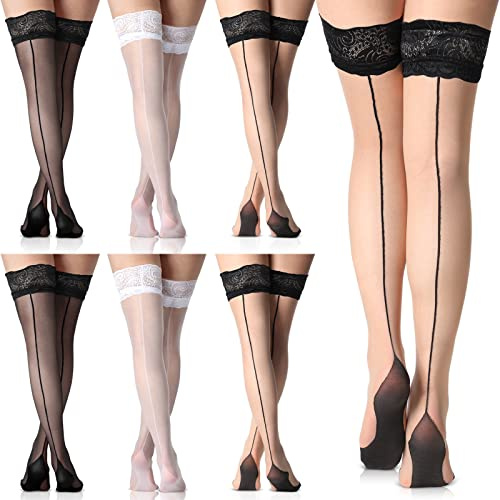Sintege 6 Paar Oberschenkelhohe Strümpfe mit kubanischem Absatz, durchscheinende gesäumte Socken, Rückennaht, Oberschenkelhoch, geschlossene Zehensocken für Damen, Spitzen-Stil, Einheitsgre