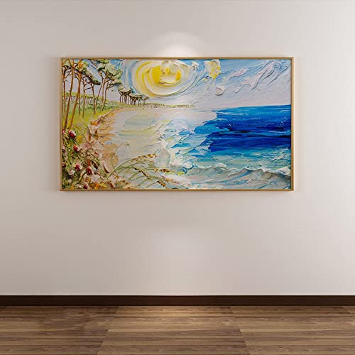 Ölbilder Auf Leinwand Handgemalt, Blaue Textur Küste Blumen Bäume Sonnenlandschaft Abstrakte Kunst Moderne Kunstwerke Rahmenlose Handgemalte Ölgemälde Auf Leinwand Wandkunst Für Wohnzimmer Sc