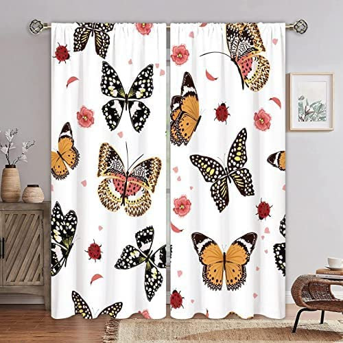 3D Schattierung Vorhänge - Schmetterling Gelbe Blumen Gardinenschal Vorhang Für Wohnzimmer Schlafzimmer Schlaufenschal Isolierung Lärmminderung Mädchen Raumdekoration 140(B)X160(H) Cm - Vorhang Für D