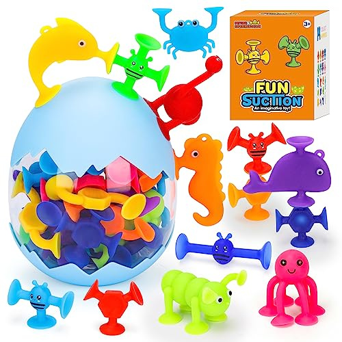 Flnlano Suction Toys, 30 Pcs Kids Bath Toys for 3-10 Year Old, Travel Toys for Toddlers Ages 3+ Sensory Toys Birthday Gifts for Boys Girls, Fidget Toys for Kids Bathtub Toys Animal Bath Toys