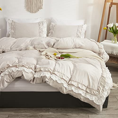 Sedefen Volants Romantique Parure de Lit Bohémien de Microfibre 220 x 240cm Beige Housse de Couette 3 Pièces de Adulte avec Feuille de Lotus + 2 taie d'oreiller 65x65cm Avez Fermeture Éclair