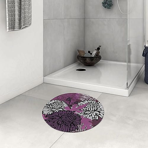 Badezimmerteppich rutschfest Dahlie-Zeichnung von großen Chrysantheme-Blüten und Knospen in Lila-Tönen.Ros Waschbar teppich rund Weich Flauschig Badteppich Weich Kurzflor Mikrofaser Badvorleger 60 cm