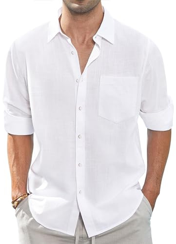 J.VER Men's White Linen Cotton Shirts Long Sleeve Regular Fit Casual Solid Lightweight Summer Beach Shirt with Pocket S