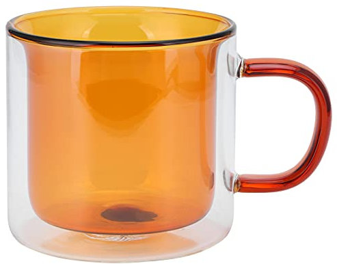 YLSZHYR 250 Ml Doppelschichtiger Becher, Hitzebeständiger Zylindrischer Transparenter Becher für Milchkaffee zu Hause, Wasserkaffeetasse mit Henkelbecher, Wiederverwendbar für Eistee,(Gelb)