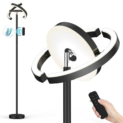 FIMEI Floor Lamp, Stepless Dimming & 3000K - 6000K Color Temperatures, Remote/Touch Independent Control, Eye-Protecting, Uplighter Floor Lamp for Living Room, Central Lamp Downward, Black