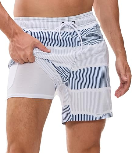 Herr Baddräkt Snabbtorkande Badbyxor Herr med Boxershorts Fodrade Underbyxor, Herr Badshorts med fickor, 2-i-1 Badbyxor Surfing Herr, Storlek S - 2XL, Blå | Vit, L