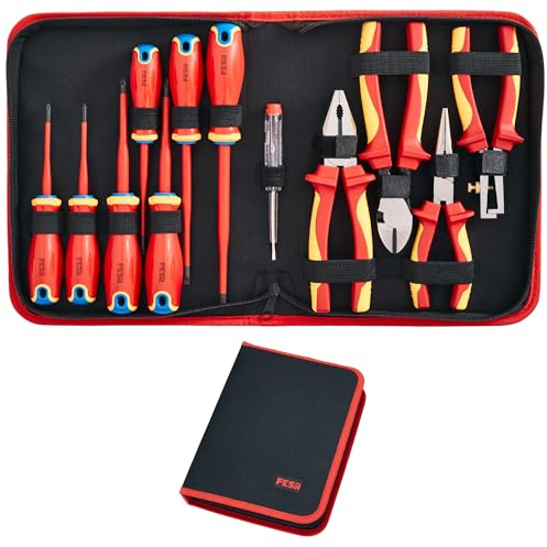 FESA Insulated Electrician Tool Set - 1000V 12-Piece Insulated Tool Set with 7 Insulated Screwdrivers, 1 Voltage Tester & 4 Insulated Pliers - 1000 Volt Hand Tool Set with a Compact Storage Case