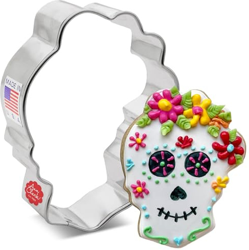 Cortador de galletas de Halloween y Día de los Muertos, diseño de calavera de azúcar con flores, de 3 pulgadas, fabricado en Estados Unidos por Ann Clark