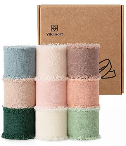 Vitalizart Schleifenband 9 Farbe 2,5 cm x 24,6 m, Geschenkband Chiffonband Fransenstoffband, Bänder-Set für Hochzeitseinladung, Brautstrauß, Dekoration, Geschenkverpackung, Schleifenherstellung