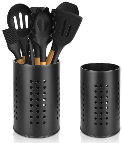 Scola Portautensili da Cucina, 2 Pezzi Nero in Acciaio Inossidabile, Portautensili Silio, Grande Cestino Portaposate, Porta Mestoli per Utensili