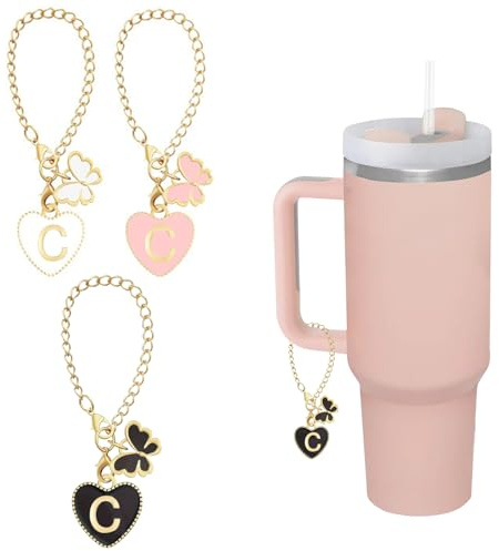shixpiov Buchstaben-Anhänger für Stanley-Cup, Perlenkette, Zubehör, Stanley-Cup, Initialen-Anhänger für Griff, Wasserflasche, Schmuck, Becher, Name-ID,Round Letter mit Schmetterling (3 Stück, C)