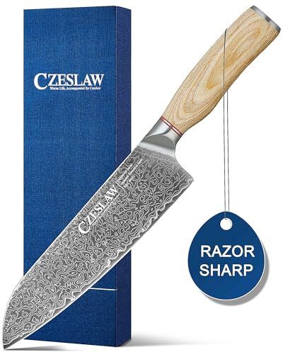Czeslaw Kitchen Knives, Japanese Damascus Chef Knife - Kitchen Knives, 8 Inch Professional Sharp Cooking Knife, Hand Forged Black Japanese Damascus Kitchen Knife, Ergonomic Maple Handle Design
