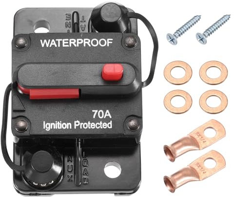 DMiotech 70A Circuit Breaker, 12-32V DC Automotive Inline Fuse Holders Inverter with Manual Reset Button Wire Lugs Washer Screws for Car Marine Boat Audio System Overload Protection