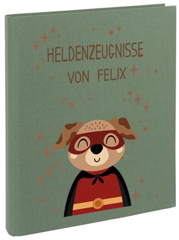 Zeugnismappe mit Namen personalisiert aus Leinen Schulkind Geschenk zur Einschulung Motiv Superheld (Salbei, Hund)
