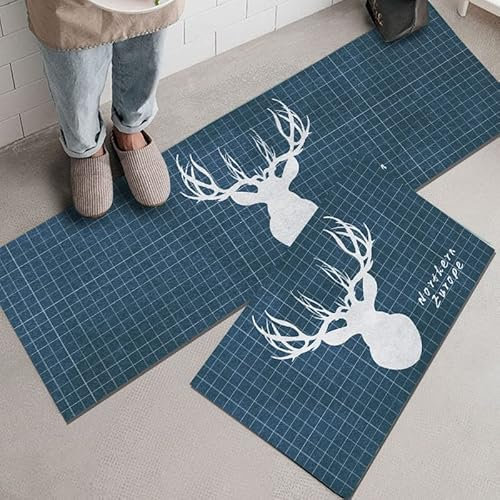 Küchenteppich Blauer Hirsch Küchenläufer,Teppich Für Küchenteppich Waschbar rutschfest, Fussmatte Aussenküchenfußmatten Mikrofaser Gummiunterlage Teppich Flur 40X60