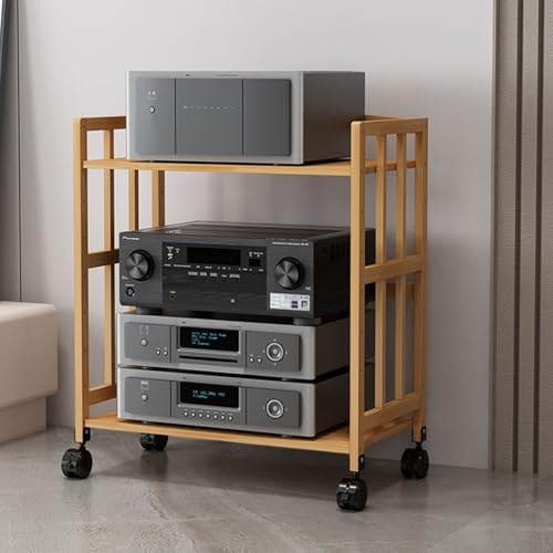 ASumPio 2/3/4/5-Stufiger Av-Medienständer, Audio-Rack, Cd-Player-Ständer, Mobiler Aufbewahrungsschrank Für Stereokomponenten Aus Natürlichem Bambus Mit Höhenverstellbarem Holzre,2 Tier (H 77cm)-80cm