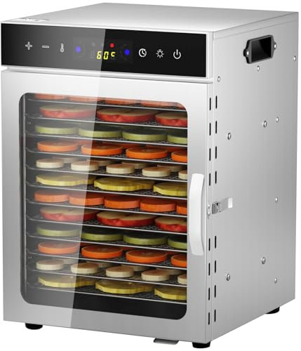 Dörrautomat Edelstahl mit 12 Edelstahlgitter, 800W Obsttrockner Dörrapparat mit 24 Std. Zeitschaltuhr, LED-Display, 30°-90°C Temperatureinstellung für Gemüse, Fleisch, Obst