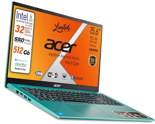acer Notebook ultraleggero Intel N6000 4Core, Ram 32Gb SSD M2 PCi 512Gb, Display FHD da 15,6, Web cam, Usb, hdmi, bt, lan, wi-fi, Win 11 Pro, Libre Office, Pronto all'uso Garanzia Italiana