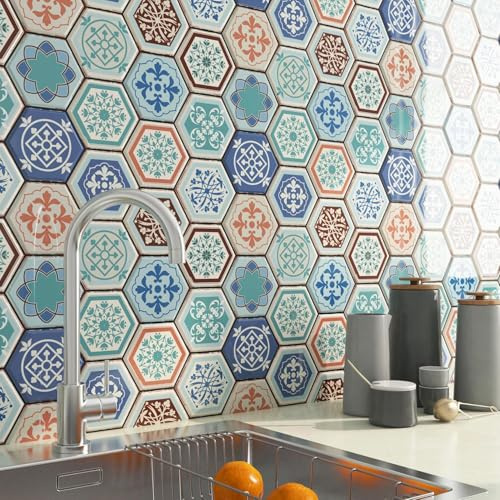FunStick Azulejos Adhesivos Cocina Vinilo Adhesivo Pared Verde Azul Bohemia Hexágono Revestimiento Pared Baño Lavadero 30CMx30CM 5 Baldosas Azulejos Adhesivos 3D Azul Verdoso Vinilo Adhesivo Cocina