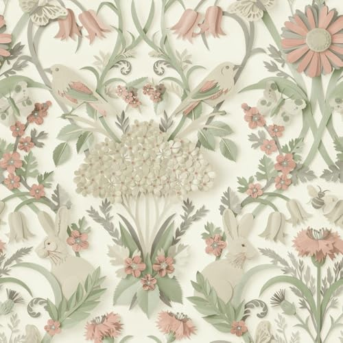 Full Roll - Woodland Cream Pink Green Wallpaper - Animals Floral Natural 10.05m x 53cm Roll - Contemporary Sophisticated Versatile - Bedroom Dining Room Living Room Sage Blush Rabbits Birds