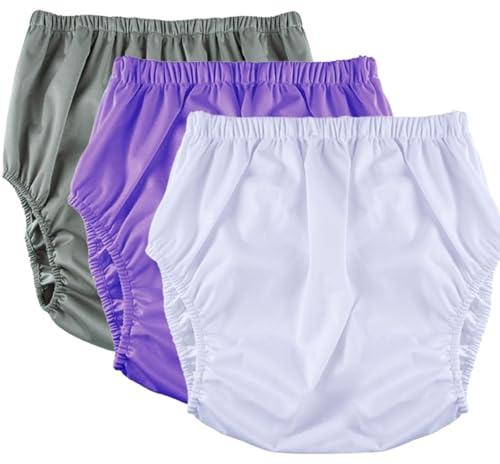 3 Pack Adult Diaper Covers,Leakproof Incontinence Underwear Washable Reusable Waterproof Adults Plastic Pants Diaper Cover Incontinence Panties Unisex(Gray+Purple+White,Large)