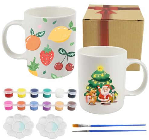 Fosoloni Keramik Bemalen Tassen Set, Porzellan Bemalen Set Enthält 2 Tassen, 2 Pinsel, 12 Farben und 2 Paint Palette, Tasse Selbst Bemalen