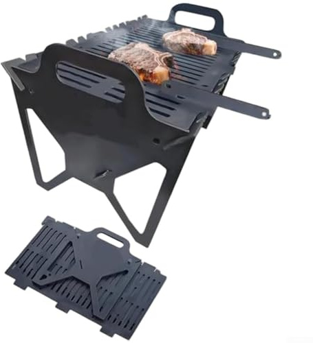 Jotekonoby Tragbarer Stahlschlitz-Grill, zusammenklappbar, werkzeuglose Montage, leicht, Outdoor, Camping, Tischplatte, Kochen, Holzkohle, Holz kompatibles Design