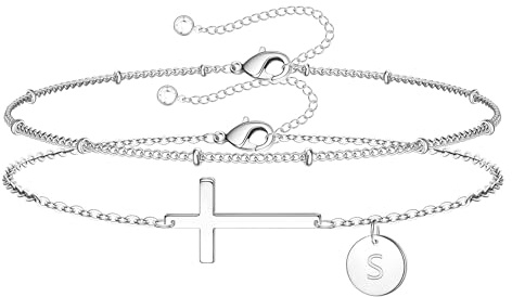 SLOONG Einschulung Geschenk - Armband mit Buchstaben für Frauen Mädchen | Vergoldet/Versilbert Kreuz Armband Hypoallergen Herz Armbänder Geburtstagsgeschenk Geschenke für Frauen Mädchen Kinder
