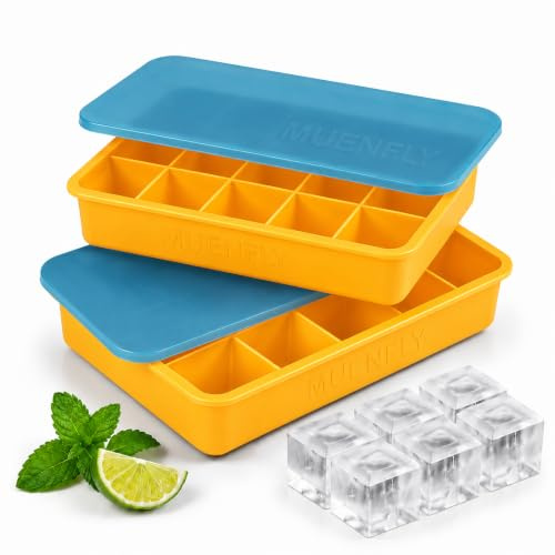 muenfly Eiswürfelbehälter Silikon 2er Set mit Deckel, 30 Eiswürfel | BPA-frei, spülmaschinenfest, stapelbar, 3x3 cm Würfel, praktische Eiswürfelform für Cocktails, Whisky, Party & Alltag