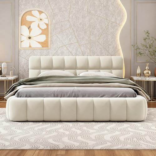 BRYXR Polsterbett 140x200, Bubble Bett mit Lattenrost, Gepolstertem Kopfteil, Elegantes Doppelbett, Ideal für Jugendzimmer und Gästezimmer (Beige Leinen, ohne Matratze)