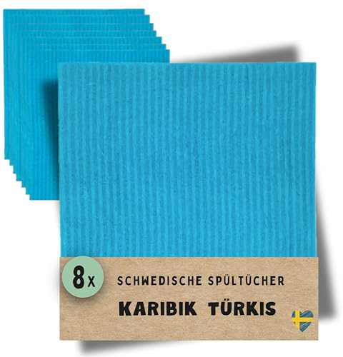 Grünschloss waschbare Spüllappen Türkis (8X) – Original Schwedische Spültücher Baumwolle + Zellulose (Müffel Frei) – Natur Schwammtücher Küche, Abwaschlappen Bunt & Putzlappen Grün Karibik