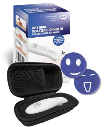IEA Medical Outdoor-Set: Elektrischer Insektenstichheiler USB-C + 60 Mückenpflaster Citronella-Duft + Schutztasche | Wärmestift gegen Mückenstiche, 2 Modi, wiederaufladbar