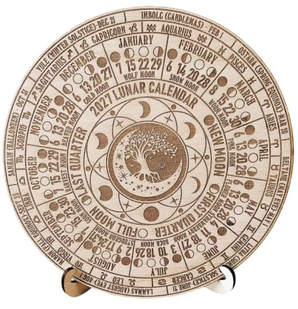 2027 Tree of Life Moon Phases Calendar Wooden Pagan Lunar Year Wheel Calendar 20cm Diameter With Stand