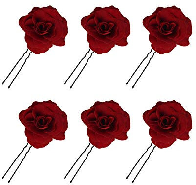 MaoXinTek Rose Blume Haarnadel, Haarspangen Damen, Braut Haarschmuck Aufstecken Brosche Hochzeit Rot Rosen Künstliche Haarclips Haarklammer Tanzen U-Form, 6 Stück
