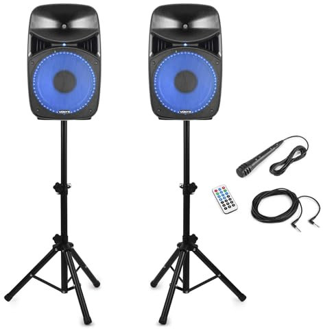 Vonyx VPS102A Bluetooth Active Party Speakers Set, 10-Inch 600W Home Audio Speakers with LED Light Show, Speaker Stands, Wired Mic & Remote – Active/Passive Pair Ideal for Parties, Karaoke & DJs