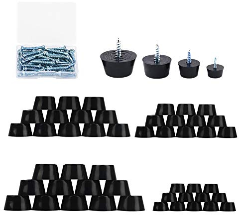 48PCS 4 Size Anti Scratch Screw-on Round Black Rubber Feet Bumpers Pads W/Matching Screws & Built-in Stainless-Steel Washer Carpet Floor Protectors for Cutting Board Amps Cabinet Tables Chair Sofa