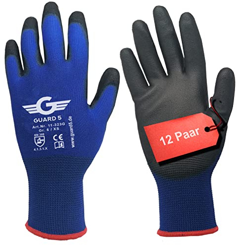 GUARD 5 - Arbeitshandschuhe - 12 Paar - Damen & Herren Gartenhandschuhe - blaue Nylon-Handschuhe mit PU-Beschichtung für Bauarbeiten, Mechaniker, Lagerarbeit und Heimwerkerprojekte