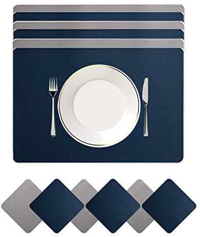 Platzset Abwischbar, Leder Untersetzer Und Tischset 6er Set, Platzdeckchen Abwaschbar Doppel Verdickte 45x30cm, Für Hause Küche Restaurant Und Hotel (Blau + hellgrau)