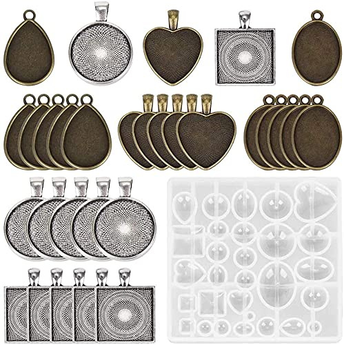 Latrt silikonharts gjutformar smycken gör epoxiharts gjutformar epoxiharts formar, 30 stycken hängen brickor set rund & kvadratisk & hjärta & droppar & oval mini metall cabochon infattning (bricka)