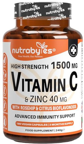Nutrabytes High Strength 1,500mg Vitamin C & 40mg Zinc Supplement, 180 Capsules | Advanced Immune Support with Zinc, Rosehip & Citrus Bioflavonoids | 3 Months of Vegan Capsules