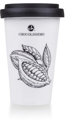 CHOCOLISSIMO Thermobecher - Keramikbecher mit Silikondeckel | Becker | Trinkbesser | für Trinkschokolade | für heiße Getränke | schwarz weißer | Geschenk | Mann | Frau | Junge | Mädchen | Geburtstag