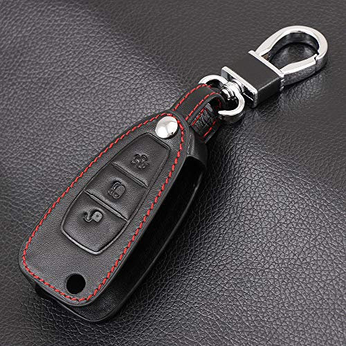 YJADHU Leder 3 Tasten Herren Damen Schlüsselanhänger Autoschlüssel Hülle, passend für Ford Ranger C-Max S-Max Focus Galaxy Mondeo Transit Tourneo Custom