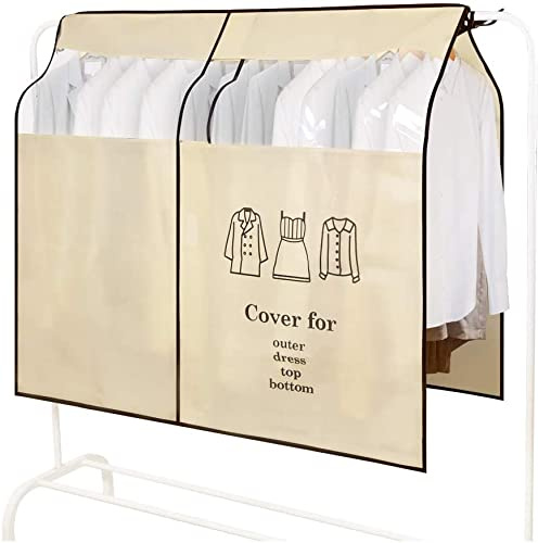 Dust Protection Clothes Cover Breathable 120 x 120 cm, Thicker Garment Bag, Long Dustproof Protection Against Moisture, Coat Stand, Clothing, Transparent Window with Fastening (Beige)