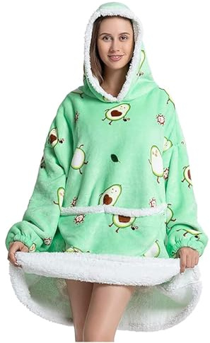 Queenshin Grüne Avocado Hoodie Decke Oversize mit Ärmeln Kuscheldecke Deckenpullover für Damen Herren, Tragbare Decke zum Anziehen Erwachsene, Übergroßer Hoodie Sweatshirt Sherpa Warm und Weich