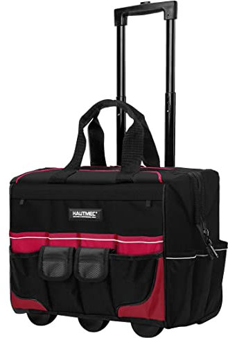 HAUTMEC HT0059 Werkzeugtasche mit Rollen, 23 Taschen, tragbarer Werkzeugkoffer mit 600D wasserabweisendem Stoff, breite Öffnung, übergroße Räder und Teleskopgriff, 45,7 cm