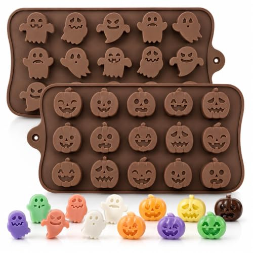 Moules en silicone pour Halloween, lot de 2 moules à 15 emplacements en forme de citrouille et de fantôme - Moules en silicone pour chocolat d’Halloween - Moules à bonbons pour bonbons gélifiés