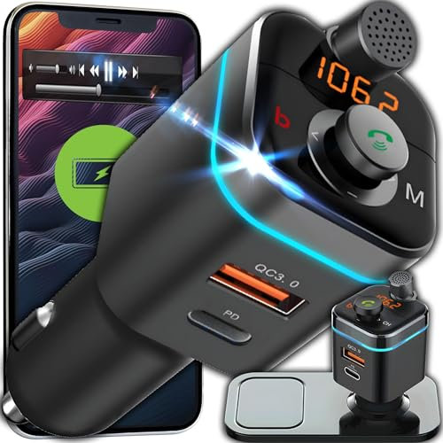 Retoo Transmitter FM Auto Bluetooth 5.0 Adapter Autoladegerät USB USB-C Quick Charge 3.0 LED Display KFZ Kit Zigarettenanzünder Unterstützung Karte 64 GB Universel Schwarz
