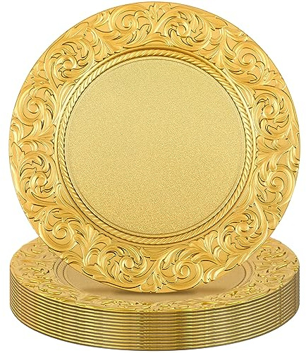 Uiifan Antike Platzteller, 33 cm, Kunststoff, geprägt, rund, florale Teller für Hochzeit, dekorative Ladegeräte für Tisch, Abendessen, Küche, Party-Dekoration (Gold, 12 Stück)