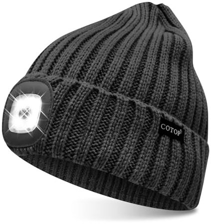 COTOP Mütze mit Licht, Led Strickmütze Herren Winter, Geschenke Männer Weihnachten, Warm Beanie mit Stirnlampen für Joggen, Wandern, Laufen, Radfahren