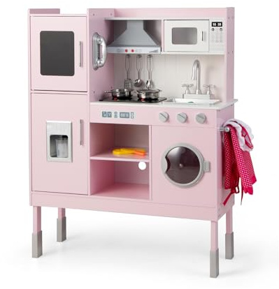 COSTWAY Cucina Giocattolo per Bambini, Cucina Legno per Bambini con Macchina del Ghiaccio, Telefono, Lavatrice, Microonde, Altezza Regolabile, Funzione Luci e Suoni, per 3+ Anni (Rosa)